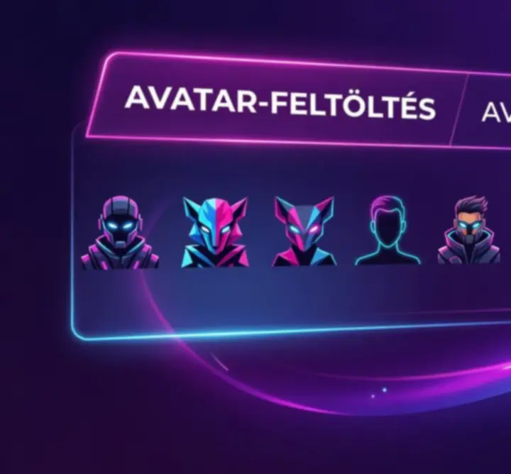Avatar kiválasztási felület neon hangulatú kártyákkal