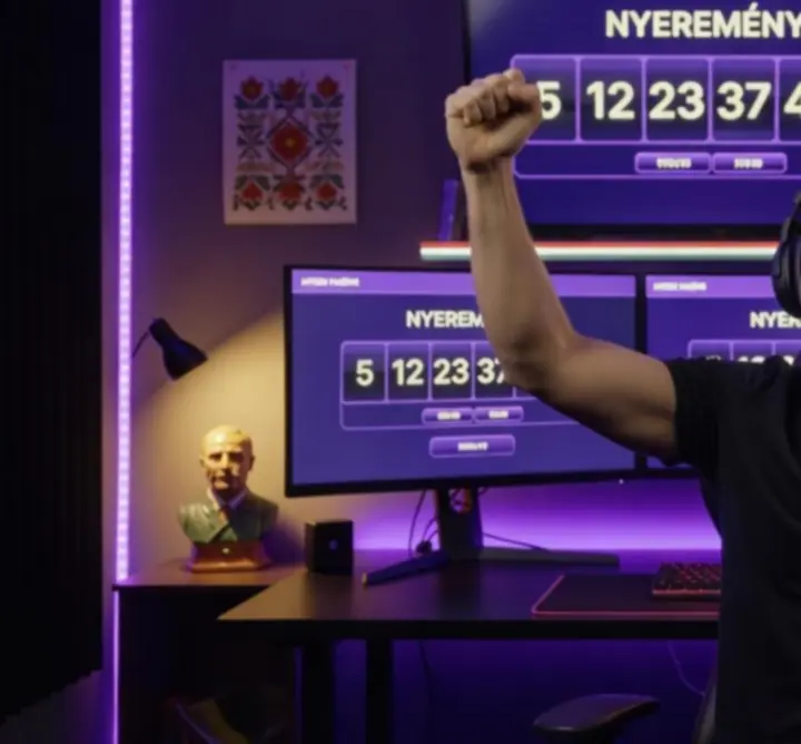 Magyar streamer stúdió neon fényekkel, izgalmas lottó pörgetés közben